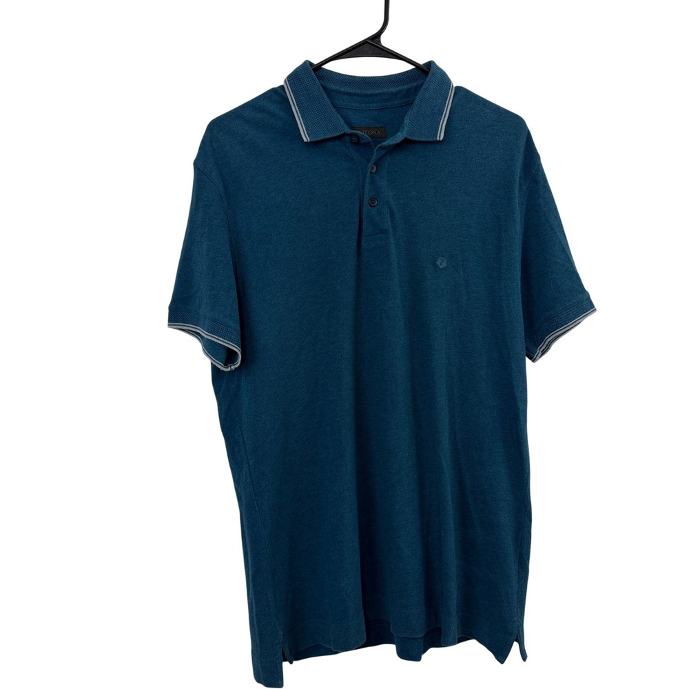 Z Zegna Polo Mens Large Teal Blue Short Sleeve Cotton Pique Contrast Tipping
